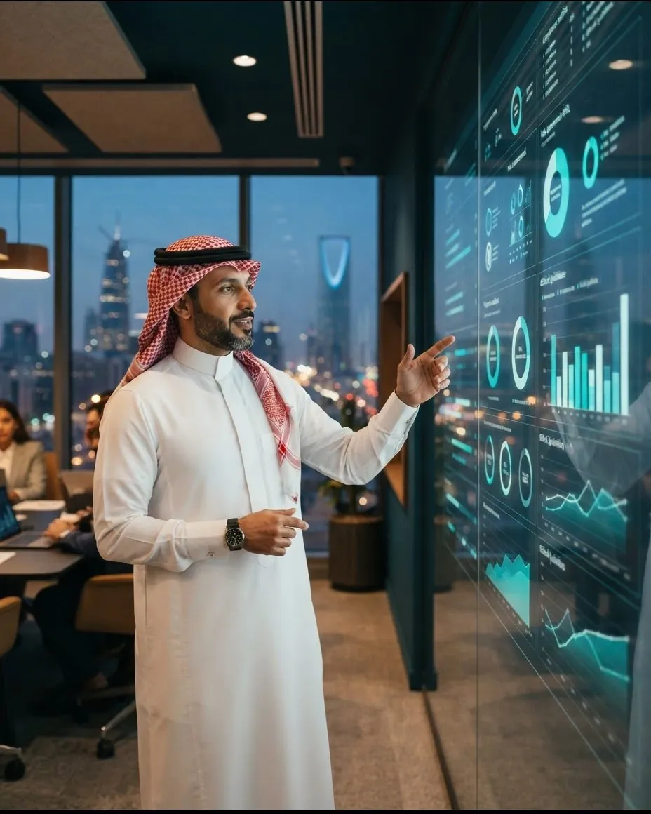 مسؤول سعودي يشرح لوحة بيانات لفريق في مكتب يطل على الرياض