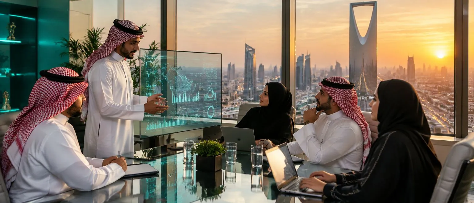 فريق سعودي يتعاون في مكتب مطل على الرياض